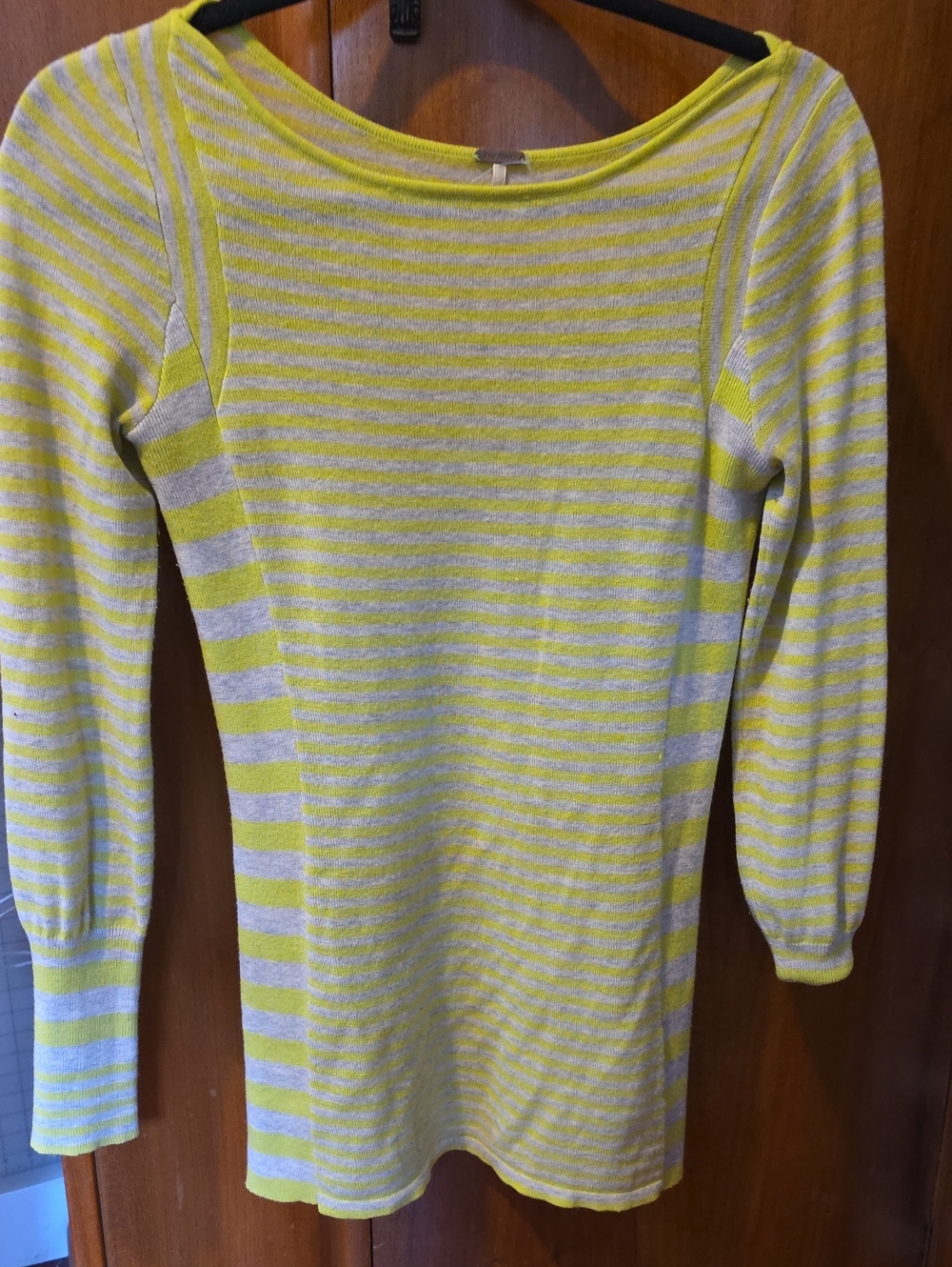 Free People Neon Yellow and Light Gray Striped Crew Sweater